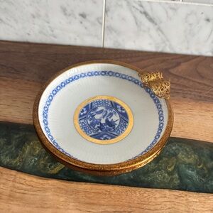 Vintage Limoges France Blue and White Porcelain Ashtray with Brass Filigree Trim